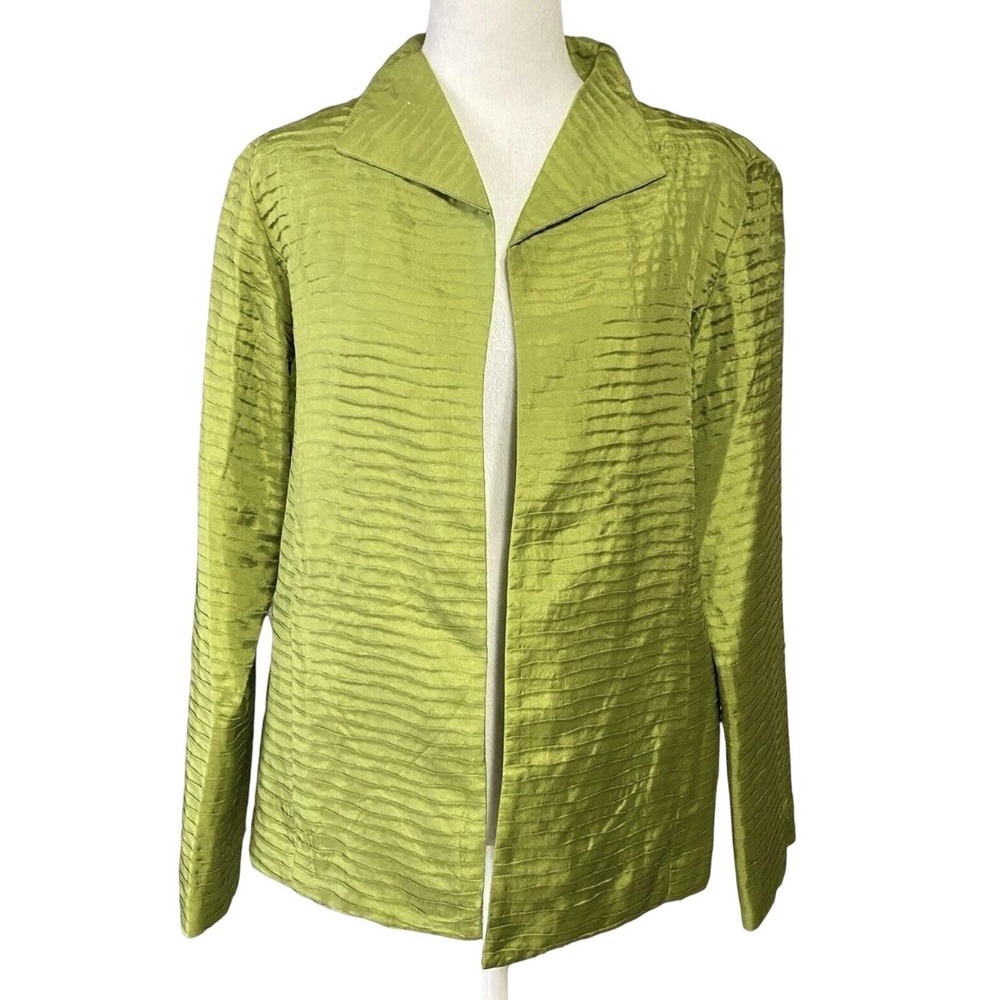 Silk Land Jacket Womens Medium Lime Green 100% Silk Textured Pleated Open Front